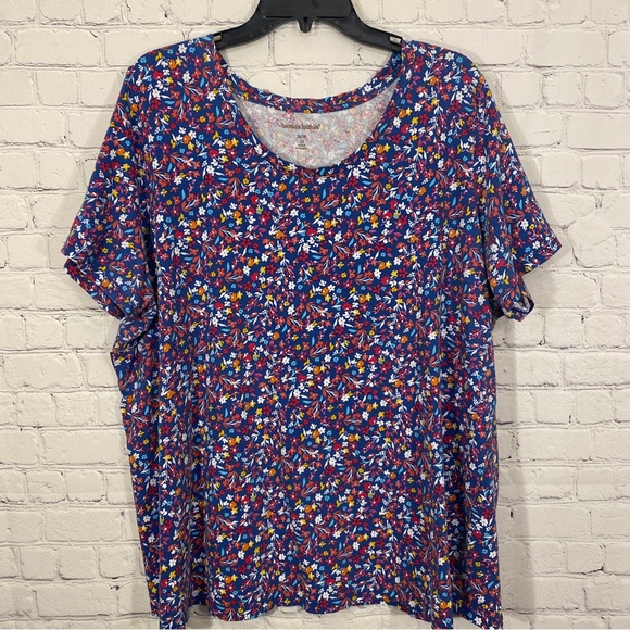 Woman Within Womens Shirt 2X 26/28 Blue Floral Print Short Sleeve Round Neck - Picture 1 of 6